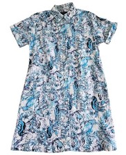 Tahari Women Size S Linen Shirt Dress White Blue Birds Floral Print Ss