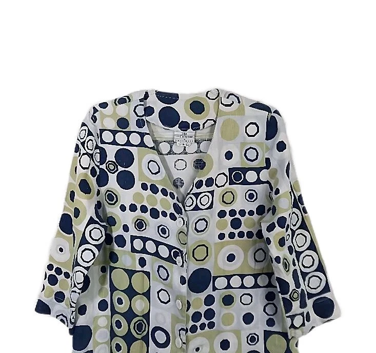 热卖 COTTON by Marc Ware 女式 S 码圆圈 100% 亚麻 V 领纽扣衬衫上衣 — 第 2/4 张图片