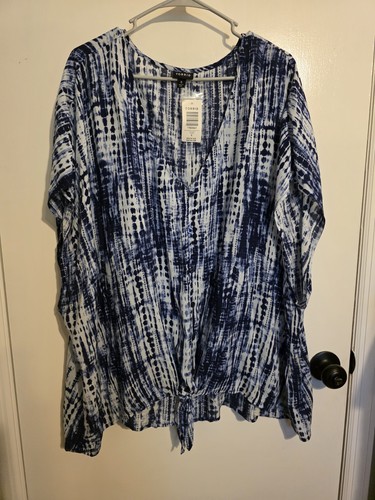 Torrid Plus Size 5 5X 5XL Blue Tie Dye Short Sleeve Challis Blouse Tie Front NEW