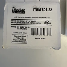 Robertshaw LINE VOLTAGE THERMOSTAT WITH THERMOMETER SINGLE LINE BREAK 801-22
