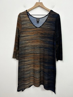 Clara Sun Woo Size Large Tunic Top Stripe Brown Blue V-Neck Quarter Sleeve