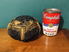 Antique Small Victorian Woven Lidded Sewing Basket Black & Gold w Contents