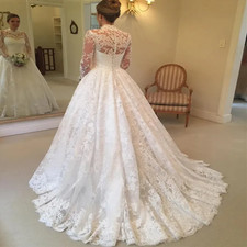 Royal Princess Laceful Wedding Dress High Neck Long Sleeve Ball Gown Church