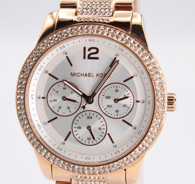 Michael Kors MK7293 Tibby Womens Pave Glitz Watch, White Dial, Rose Gold Band