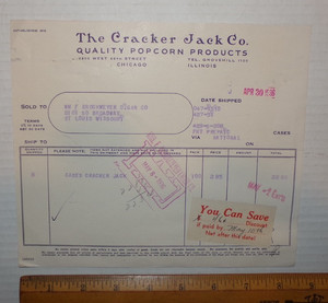 1936 Antique Cracker Jack Popcorn Co. Advertising Bill Invoice Letterhead