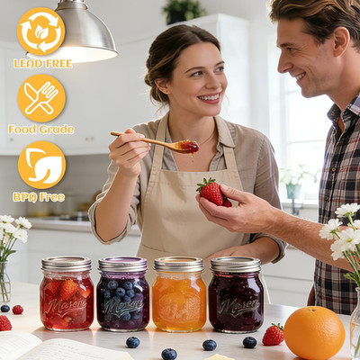 16 Oz Wide Mouth Mason Jars 12 Pack Overnight Oats Containers Lids Fruit Carved