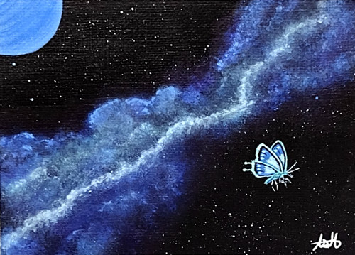 ACEO Original Acrylic Painting. 'Butterfly Explores Local Nebula'.