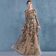 Elegant O-Neck LongSleeve Evening Dress Sequins Flower Women Party Banquet Gowns