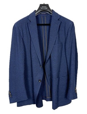 Ermenegildo Zegna Wool, Linen & Silk Textured Blue Plaid Blazer Jacket 46S 56C