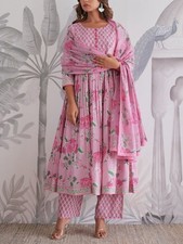 Women Pink Floral Anarkali Suit Set 3Pc  Printed Kurta Palazzo Dupatta  Indian