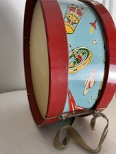VTG 1950s 13" Toy Drum Atomic Space Age Rocket Ship Starburst Tin Lithograph