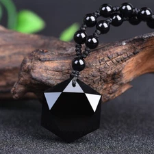 Black Obsidian Necklace Hexagram Amulet Healing Protection Beads Pendant Reiki