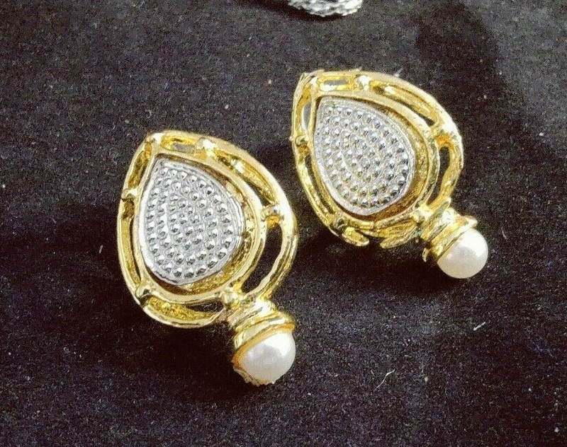 Teardrop Sim Pearl Yellow GP Stud Earrings & Necklace 18" Set (13366)