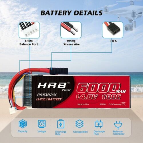 2 unidades HRB 14,8V 6000mAh 4S 100C Traxxas Lipo batería para helicóptero RC Car Truck - Imagen 3 de 7