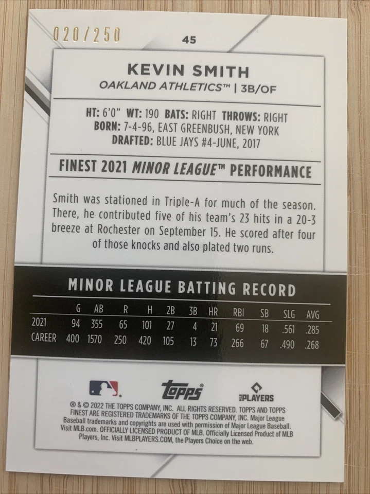 2022 TOPPS FINEST KEVIN SMITH ROOKIE PURPLE REFRACTOR CARD /250 ATHLETICS - Image 2 of 2