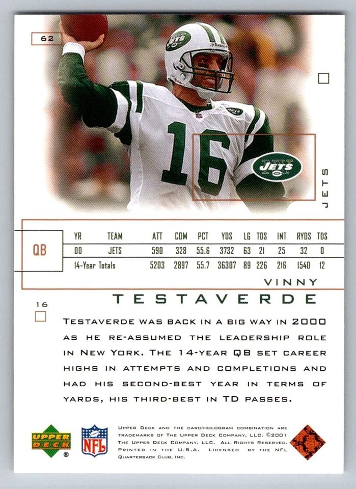 2001 Upper Deck Pros & Prospects #62 Vinny Testaverde - Image 2 of 2