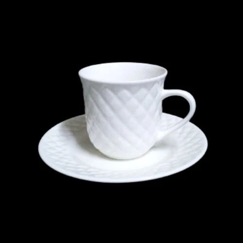 Gibson Designs ANTIQUE QUILT 3-Flat Cups & Saucers 8 oz White Embossed Quilt Rim