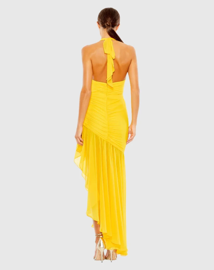 関税込み●MAC DUGGAL●ホルターストラップ Vネック ガウン Mac DUGGAL ASYMMETRICAL RUFFLE HEM HALTER STRAP DRESS YELLOW