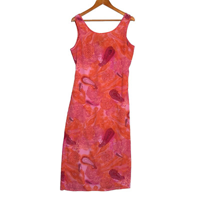 VTG Y2K Maxi Dress WMs L Tank Sundress Paisley Bright Pink Orange