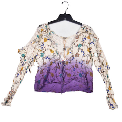 Gimmicks Purple Ombre Floral Top Short Lace & Ruffles On Sleeves Size XS Hippie