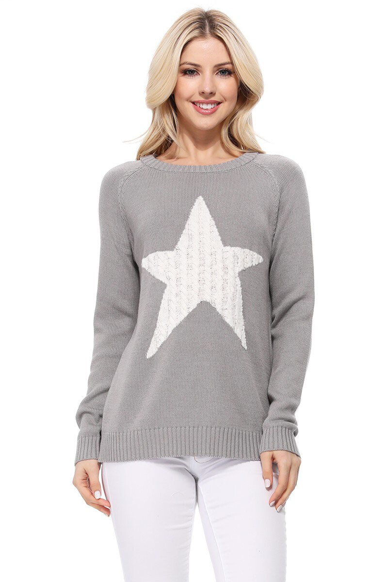 YEMAK Women's Pullover Sweater Long Sleeve Crewneck Star Cable Knit ...