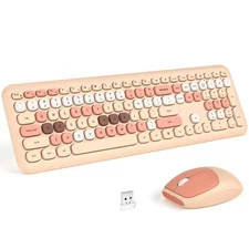 Wireless Keyboard and Mouse Combo Pale Milktea Full-Sized 2.4G Silent Keycap ...