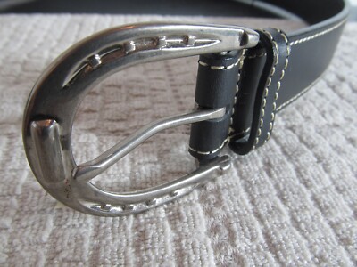 Women Black Leather Belt Fina Firenze Italy Horseshoe Silver  display picture 3