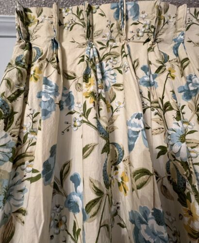 2 Vntg Custom LINEN Blend Drapery Panels Yellow Blue Floral Lined 7 Pleat 81x30