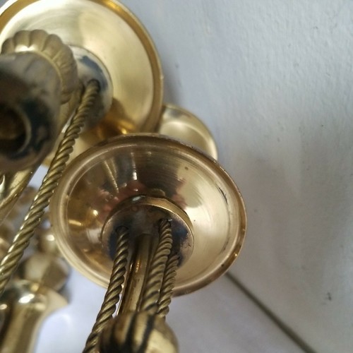 Pair Solid Brass 2 Arm Candle Holders Wall Sconce Rope Tassel Hollywood Regency - Picture 12 of 12