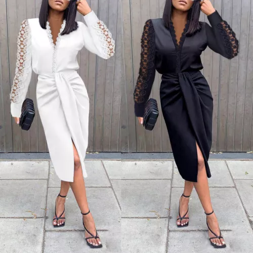 Womens Lace V Neck Wrap Dress Ladies Long Sleeve Evening Cocktail Midi Dress - Picture 3 of 10