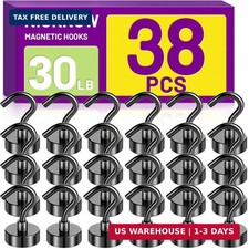 38Pack Heavy Duty Magnetic Hooks, 30LBS Powerful Black Metal Neodymium Magnets H