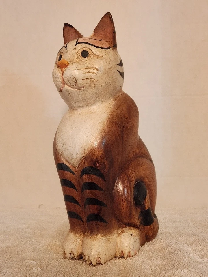 Estatuilla de madera tallada a mano de gato de colección pintada arte popular gato estatua decoración Foto 2 de 4