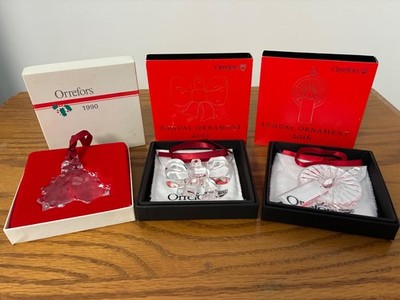 Orrefors Crystal Holiday Christmas Ornaments ~ 1990 Holly 2013 Bow 2016 Candle