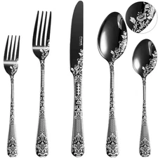 Floral Damask Rose Black Cutlery Set - 20 pcs Includes 8XSpoons 8XForks 4XKnife