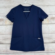Figs Three Pocket Casma Scrub Top Womens XXS Navy Blue V-Neck Stretch