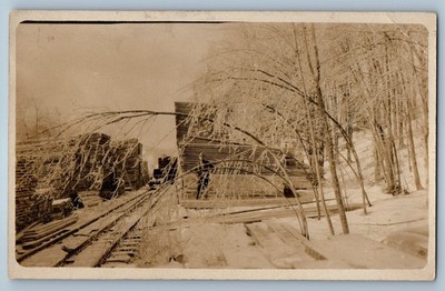 1914 Ice Storm Logging Lumber Yard Haines Falls New York NY RPPC Photo Postcard