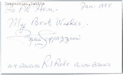 -Zellio Toppazzini- (d.2001) Signed/Autograph/Auto Index Card NY Rangers NHL