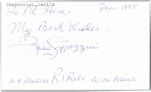 -Zellio Toppazzini- (d.2001) Signed/Autograph/Auto Index Card NY Rangers NHL