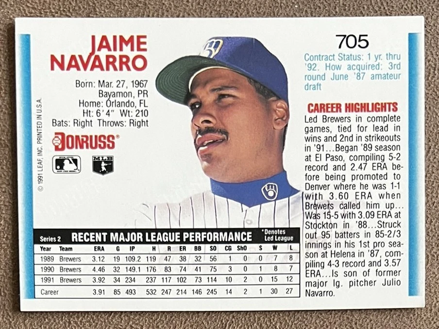 1992 Donruss On-Card Autograph #705 Jaime Navarro Milwaukee Brewers Signature - Image 2 of 3