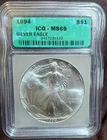 1994 MS69 ICG  GREEN LABEL $1 AMERICAN SILVER EAGLE  1oz .999 FINE SILVER COIN