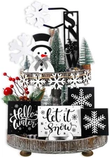 15 Pcs Winter Tiered Tray Decor Set Black and White Snowflake Table Wood... 