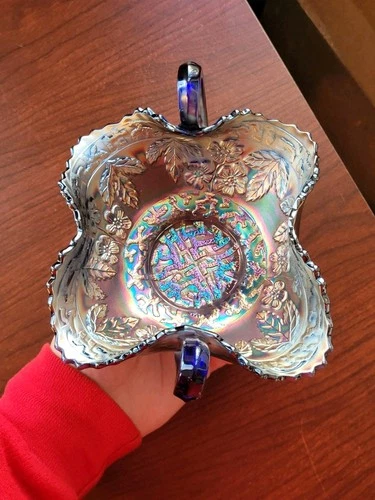 Pretty Fenton Carnival Glass Blue Illusion Pattern Bonbon