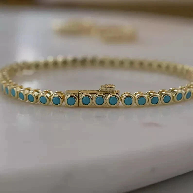 8Ct Round Cut Lab Created Turquoise Women Tennis Bracelet 14k Yellow Gold Finish - Image 2 of 4