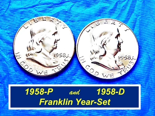 1958 YEAR-SET ➫ "1958-P & D" Silver Franklins ➫ 2 Coins ➫ Bright "BU" ➫ 158ys8