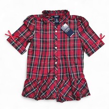 Chaps Girls 2T Red Black Plaid Ruffle Collar Hem Bow Short Sleeve Button Dress