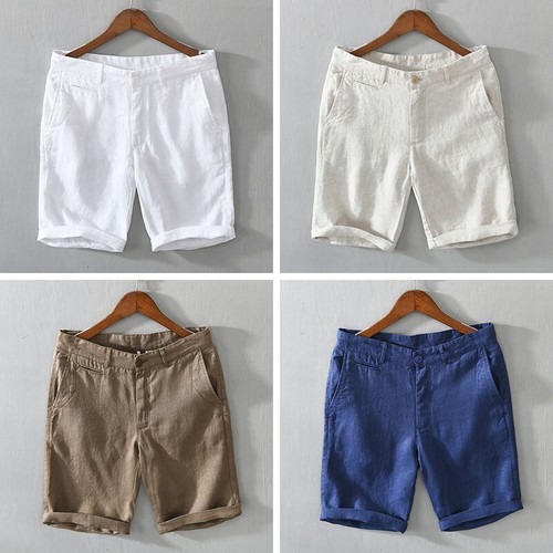 Herren Leinenmischung Shorts lässig locker einfach halbe Hose Strandhose Sommer dünn - Bild 2 von 18