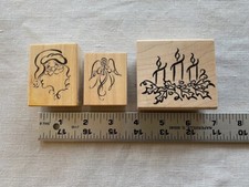Wooden Rubber Stamps, three - wispy Santa, Angel, Candles