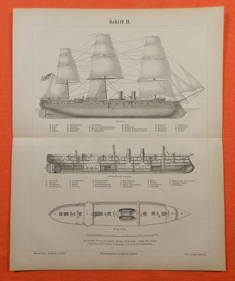 Deutsche Panzerfregatte KÖNIG WILHELM Holzstich 1875 preußische Marine  - Bild 1 von 1