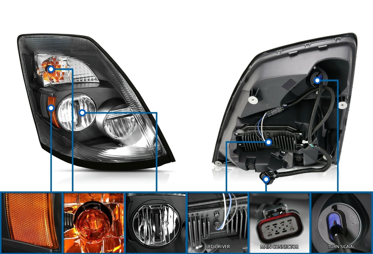 Black LED Headlight Assembly Pair – For 2004-2017 Volvo VNL VNX, DOT/SAE, LEAVAN