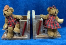 Vintage 1990 s TEDDY BEAR Bookends Wood Set Boy And Girl Stuffed Bears